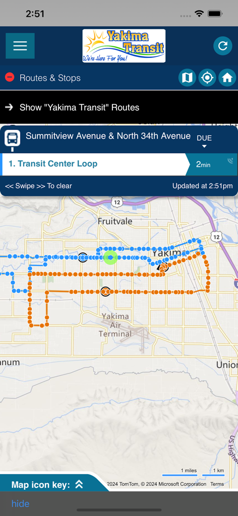Yakima Transit - L'interface de l'application Yakima Transit affichant les itinéraires de bus en temps réel sur une carte de Yakima avec une heure d'arrivée estimée de deux minutes pour la boucle du centre de transport.