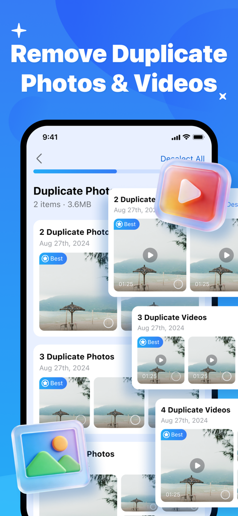 Captura de tela do aplicativo Limpador de IA de Segurança do Telefone mostrando o recurso para remover fotos e vídeos duplicados