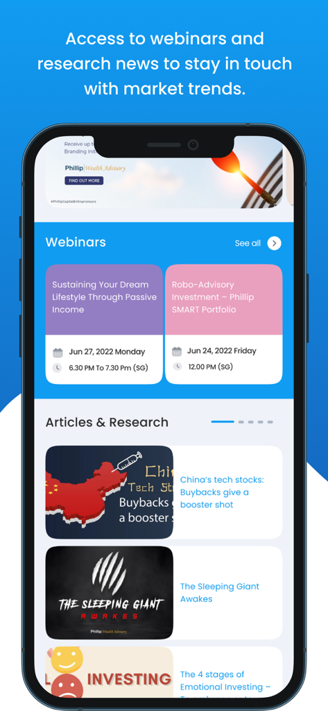Phillip MyWealth - Phillip MyWealth app interface showing financial webinars and market research articles