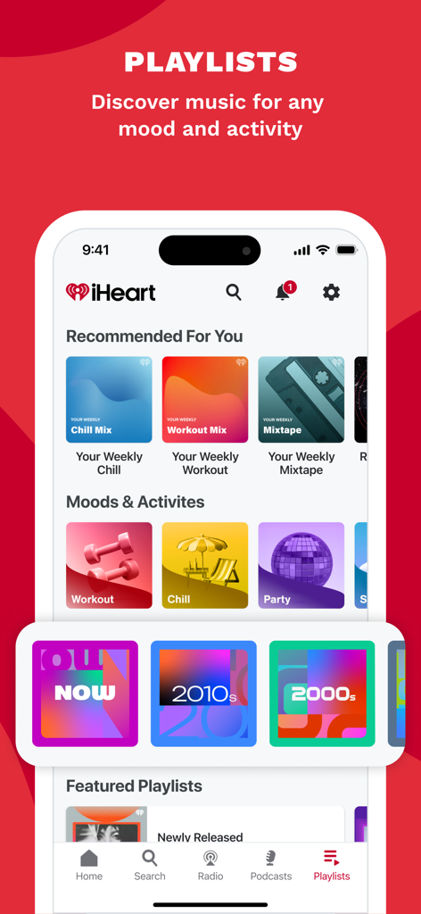 iHeartRadio app interface displaying curated music playlists for different moods and activities