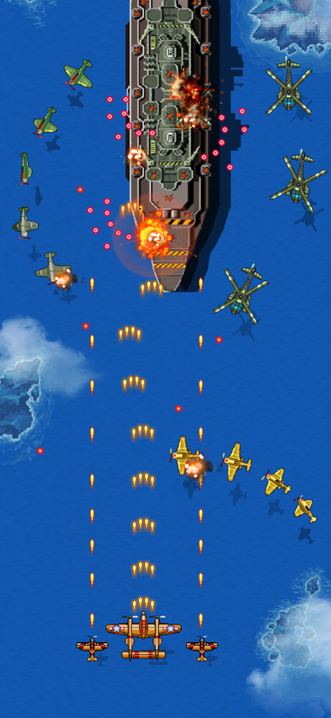 Vertical scrolling arcade shooter gameplay with a P-38 aircraft attacking a battleship