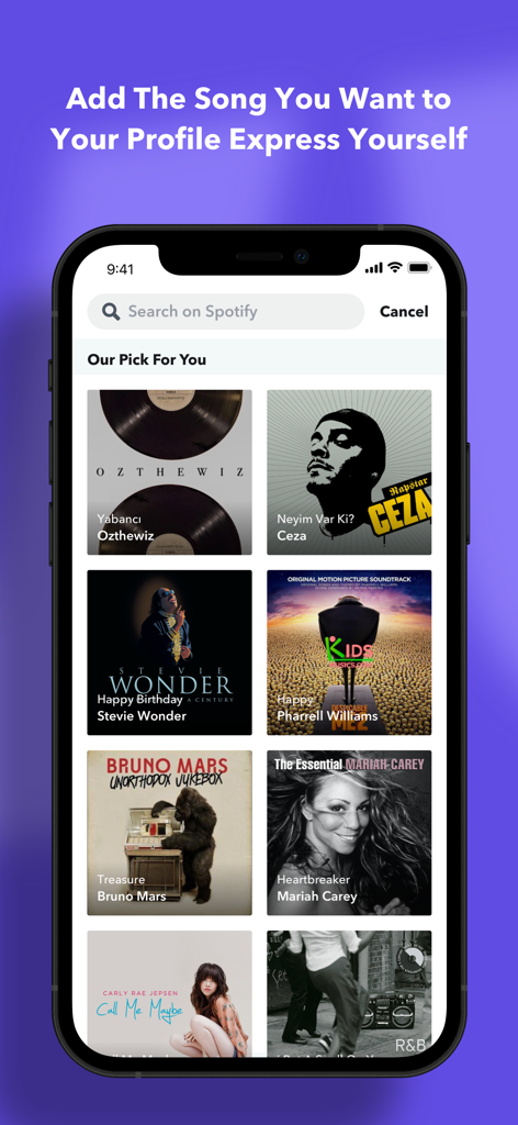 Anonymous Chat & Fun - Interface de l'application de chat anonyme montrant l'intégration Spotify pour ajouter des chansons préférées à un profil utilisateur.