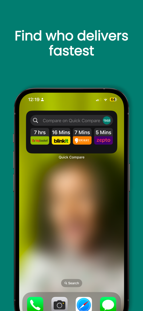 Quick Compare App - A mobile home screen widget from the Quick Compare app displaying and comparing delivery times for Swiggy Zepto Blinkit and BigBasket
