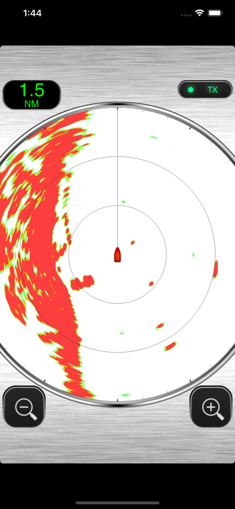 Interfaz de la aplicación Radar Marino que muestra navegación náutica con un alcance de 1.5 MN y ecos de radar