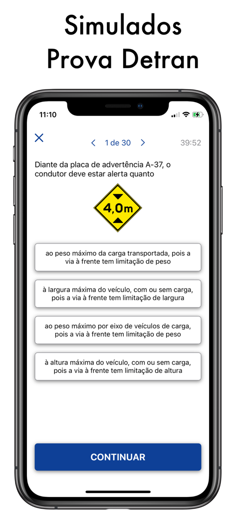 Simulado Detran Simulados CNH - Interface of the Simulado Detran app showing a practice question about a height limit traffic sign for the Brazilian driver license exam