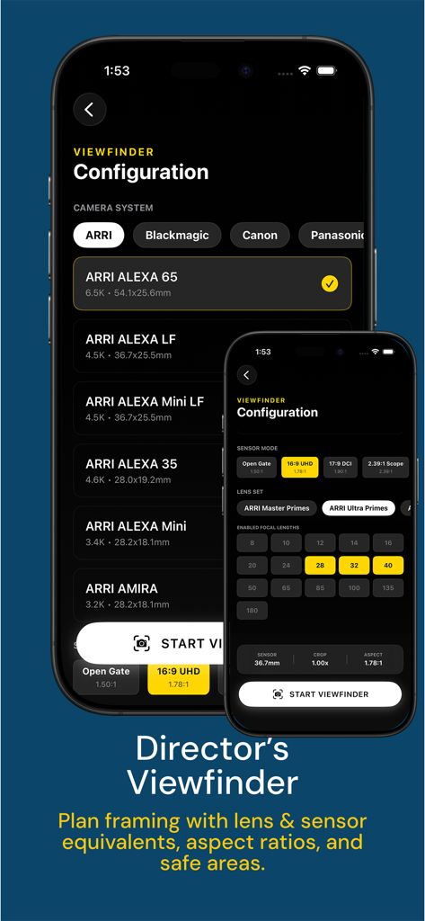 DOPro: Director’s Viewfinder - Interface of DOPro app showing camera system and lens configuration for director viewfinder on two smartphone screens