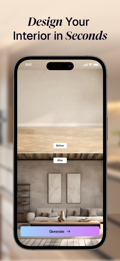 A before and after room transformation showing an empty space turned into a modern living room using Archi AI interior design