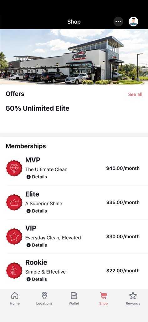 Club Car Wash mobile app shop screen showing various monthly membership tiers and pricing.