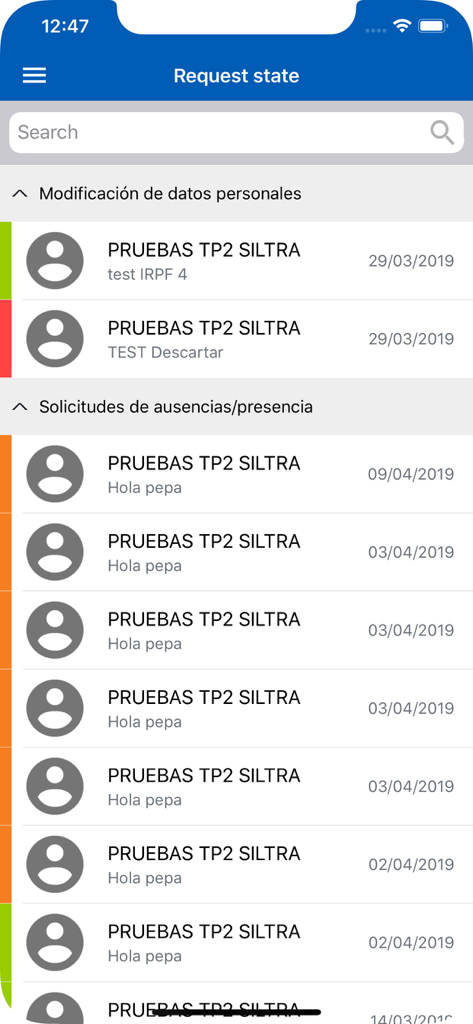 Epsilon 3 Mobile - Epsilon 3 Mobile app interface displaying a list of employee HR request statuses for personal data and absences