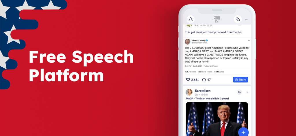 2nd1st-App-Oberfläche mit Social-Media-Beiträgen auf einer Plattform für freie Meinungsäußerung