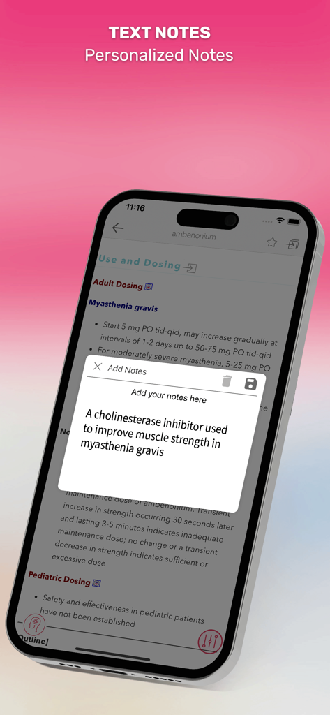 Smartphone screen displaying the personalized text notes feature within the Skyscape Rx medical app.