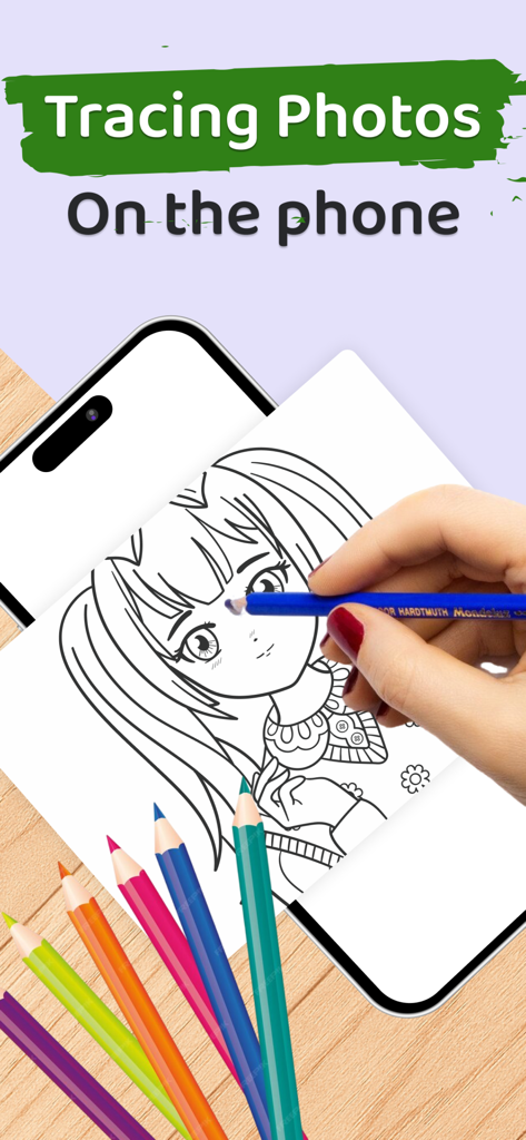 A person tracing an anime character sketch projected from a smartphone onto paper