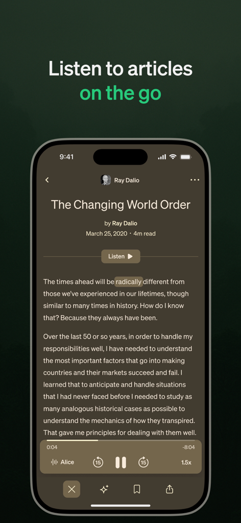 Perch Reader - Perch Reader app screen displaying an article with audio playback controls for listening on the go.