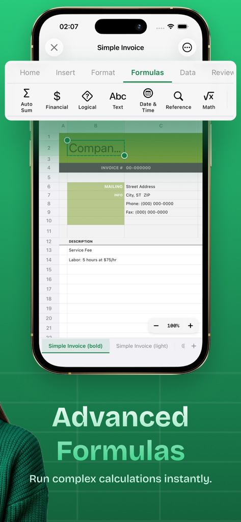 XLSX Editor: Edit Spreadsheets - Interface of the XLSX Editor mobile app showing advanced spreadsheet formulas and a simple invoice on a smartphone screen.