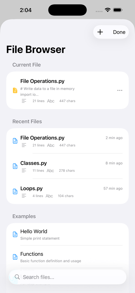 PyPocket - PyPocket mobile app interface showing the file browser with recent Python scripts and coding examples