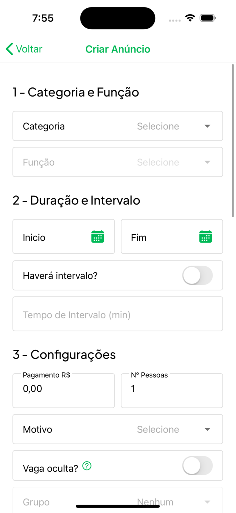 eFreela - Empresas - Job creation form in the eFreela Empresas app for hiring freelancers