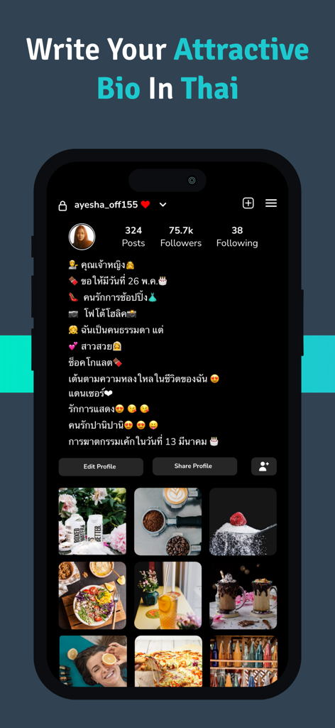 Thai Keyboard - Ein Smartphone, das eine Social-Media-Profil-Bio in Thai-Zeichen anzeigt.
