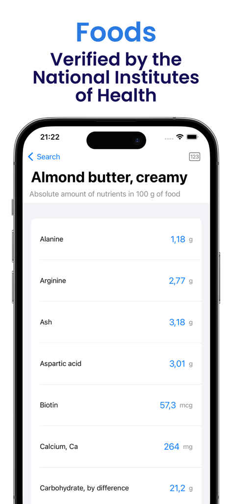 Vitamin: Track, Log & Schedule - Tela do aplicativo Vitamin exibindo informações detalhadas de nutrientes para manteiga de amêndoa verificada pelo NIH.