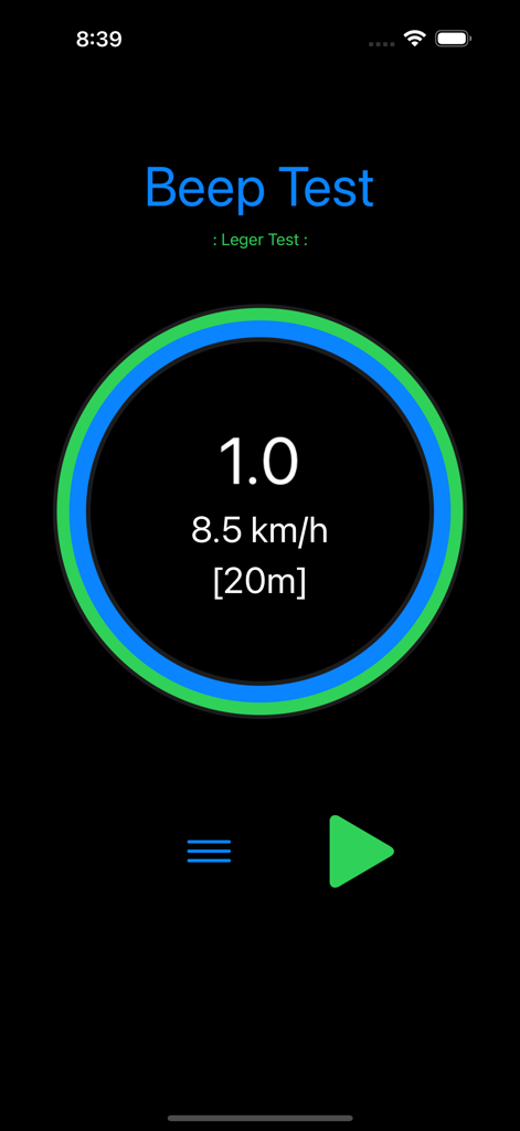 Beep Test Leger - Haupt-Timer-Bildschirm der Beep Test Leger App, der die Leger-Protokoll-Oberfläche mit Informationen zu Level und Geschwindigkeit anzeigt