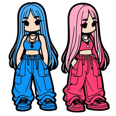 girl in baggy pants crop top and long hair