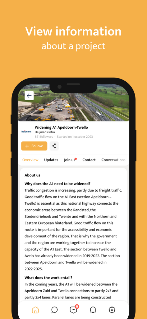 de BouwApp - De BouwApp의 모바일 스크린샷으로 고속도로 확장 건설 프로젝트에 대한 자세한 정보 및 상태 업데이트 표시