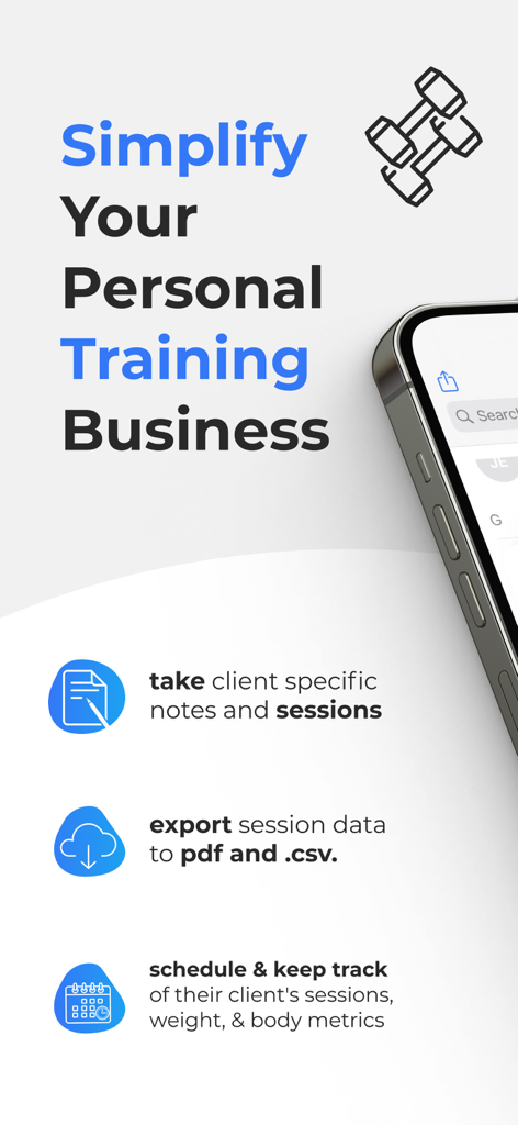 PT Sessions app features overview showing client notes data export and session tracking for personal trainers