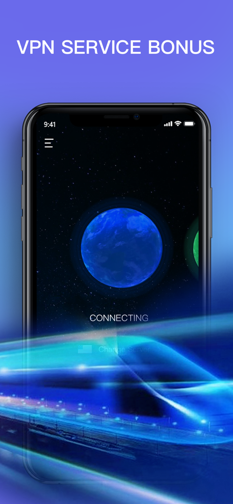 Interfaccia dell'app Uranus NetTest che mostra una connessione VPN in corso su un'immagine di un treno ad alta velocità