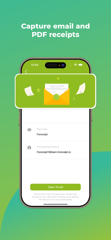 Foreceipt Receipt Tracker App - Función de la aplicación Foreceipt para capturar recibos por correo electrónico y PDF con una dirección de correo electrónico dedicada.