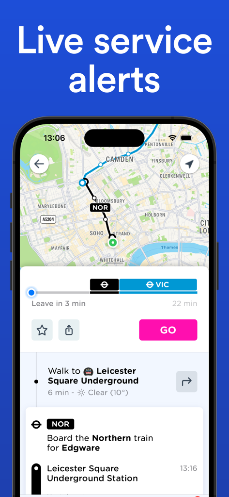 A smartphone screen showing the London Transport app with live service alerts and a route map of the London Underground
