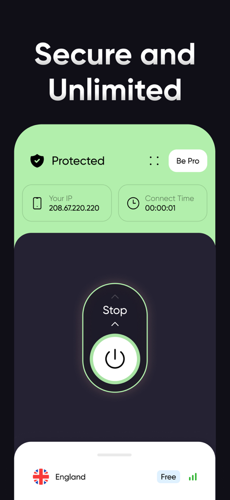 ProtectVPN app interface showing an active secure connection with status protected