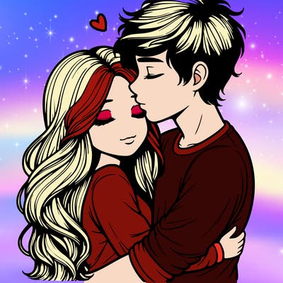 a realistic couple boy and girl hugging and kissing