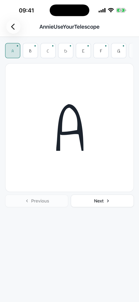 Keybench: Custom Font Keyboard - Interfaz de la aplicación Keybench que muestra una letra A dibujada a mano para un estilo de fuente personalizado