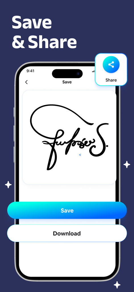 E signature app: Fill and Sign - Una pantalla de aplicación móvil que muestra una firma manuscrita con botones para guardar y compartir el documento.