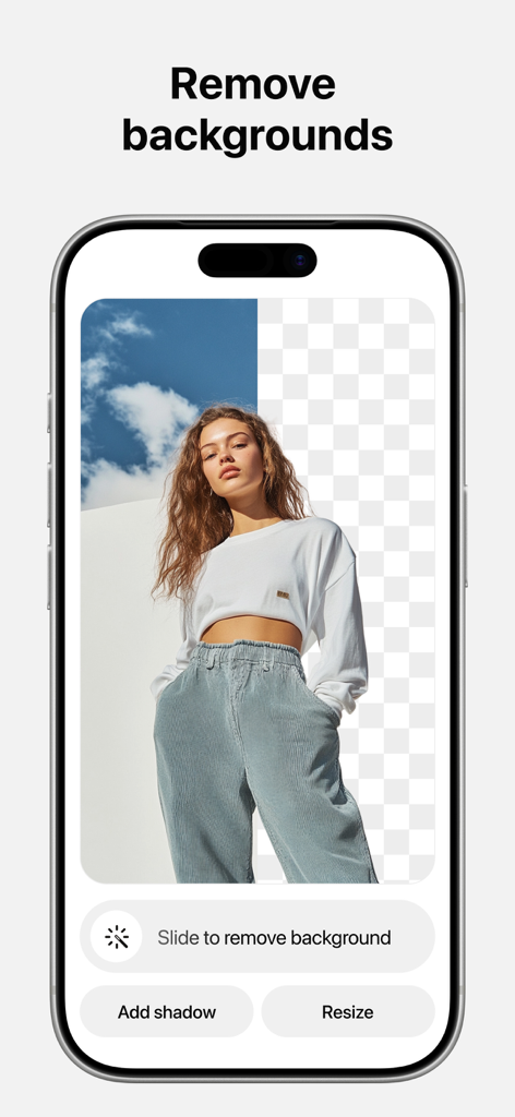 Un smartphone mostrando la función de eliminación de fondo en el editor de fotos con IA Pixelcut