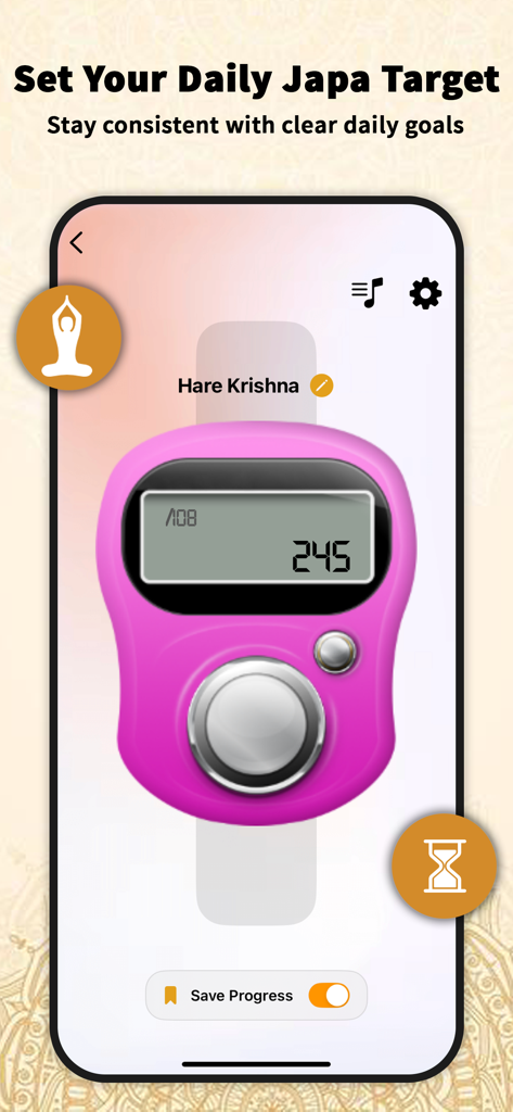 Japa Counter – Mantra Tracker - Mobile app screen showing a digital mantra counter with a daily target and progress tracking for Hare Krishna chanting