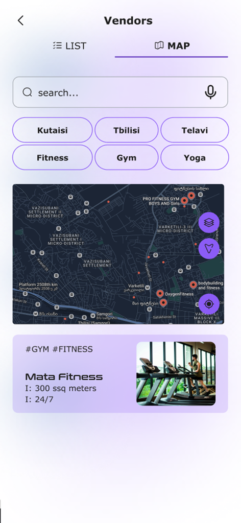 Map view of the Infinito Experiences app showing local wellness vendors like gyms and yoga studios with search and category filters