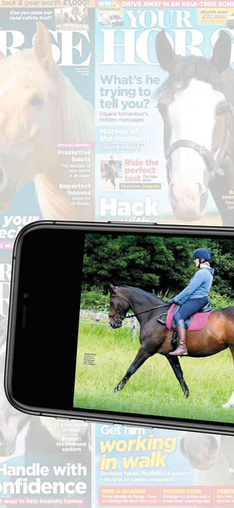 Your Horse - A mobile phone screen displaying the Your Horse magazine app with a woman riding a brown horse in a field.