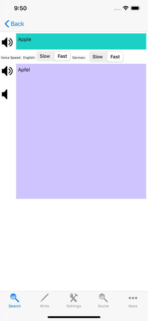 Englisch-Deutsch-Übersetzung des Wortes 'Apfel' mit Einstellungen für die Sprachgeschwindigkeit zur Aussprache