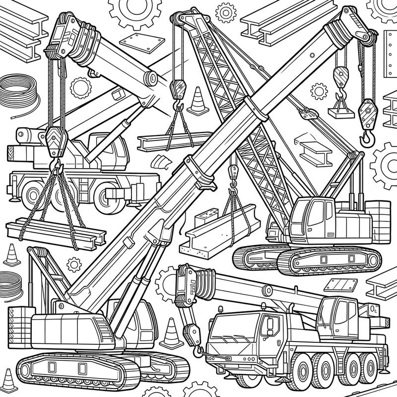 Dive into the bustling world of construction with this intricate coloring page featuring various powerful mobile cranes. Discover detailed hoist ropes, heavy-duty structures, and surrounding gears, perfect for an engaging and educational coloring experience.