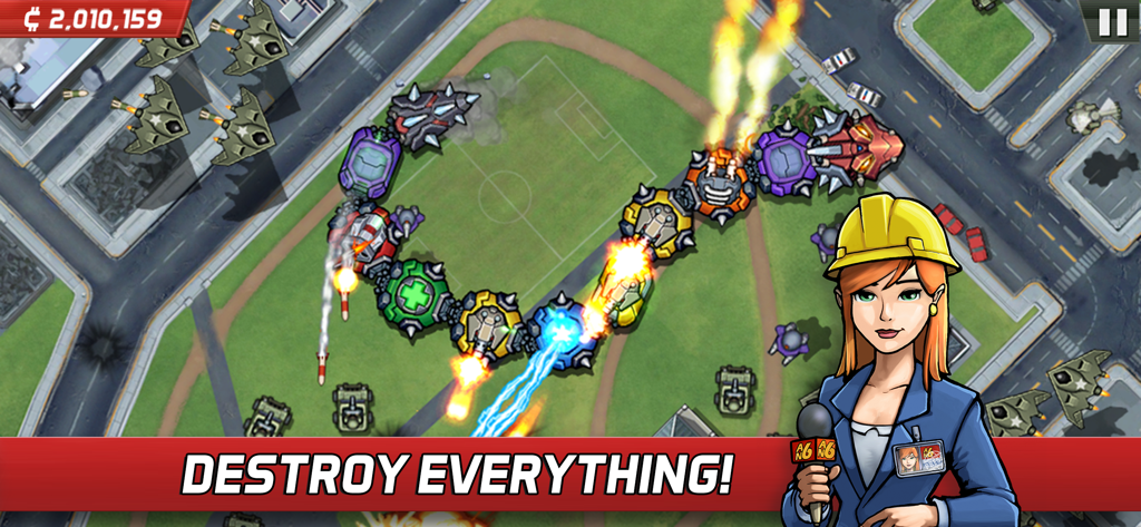 Colossatron - A giant robotic snake destroying a city in the mobile game Colossatron with a news reporter character on screen.