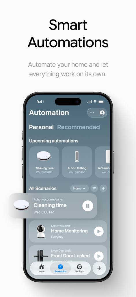 Interfaz de la Smart Life Home App mostrando horarios de automatización personal para un robot aspirador, calefacción y cámara de seguridad