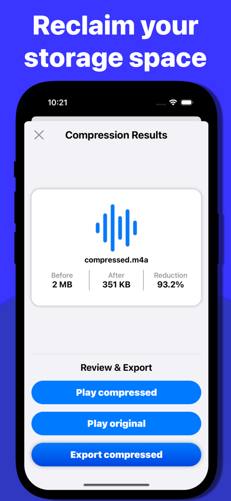 Audio Compressor - MP3 Shrink - Screenshot of Audio Compressor app showing a ninety three percent reduction in file size from two megabytes to three hundred fifty one kilobytes