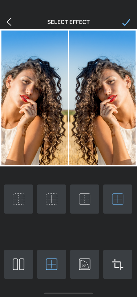 Flipperアプリの左右対称ミラーエフェクトの画面。ポートレートが左右に分割され、ミラーリングされています。
