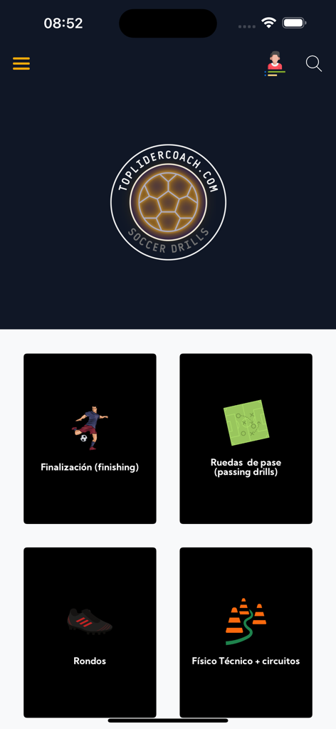 Toplidercoach app interface showing soccer training categories for finishing, passing drills, rondos, and technical physical circuits.