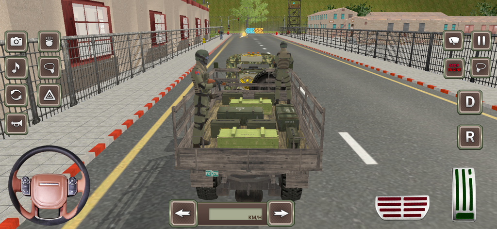 Army Truck Driving Cargo Games - Vista de jugabilidad de un camión del ejército transportando soldados y cajas de carga en una carretera en un juego de simulación 3D