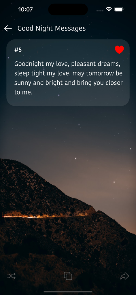 Good Night Love Messages - Un mensaje romántico de buenas noches para una pareja mostrado sobre un fondo de cielo nocturno estrellado de montaña