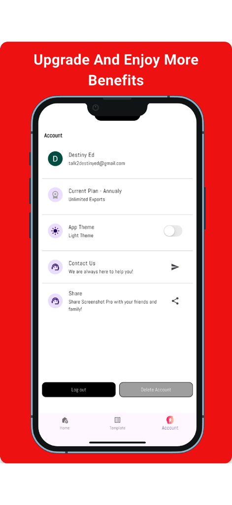 Screenshot Pro - App Designs - Account settings screen of the Screenshot Pro app displayed in a mobile device mockup