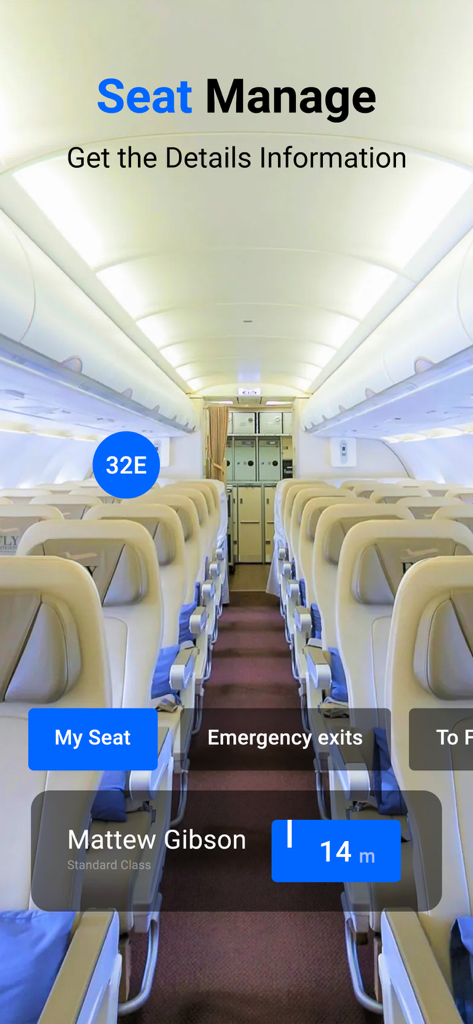Air Traffic - flight tracker - Una interfaz de aplicación móvil que muestra una vista de cabina de avión con un asiento resaltado e información del pasajero para la gestión de asientos