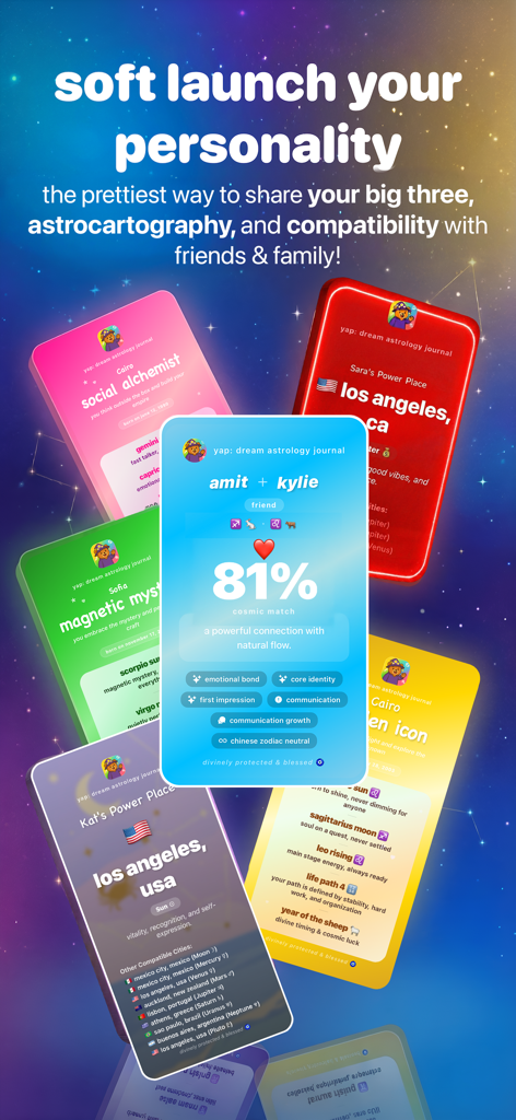 yap: dream astrology journal - A collection of colorful astrology personality and compatibility cards from the yap app