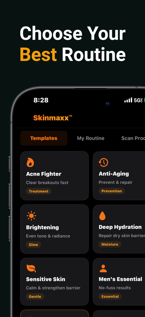 Skinmaxx - Get Scores & Ascend - Skinmaxx app interface showing various skincare routine templates like Acne Fighter, Brightening, and Men's Essential.